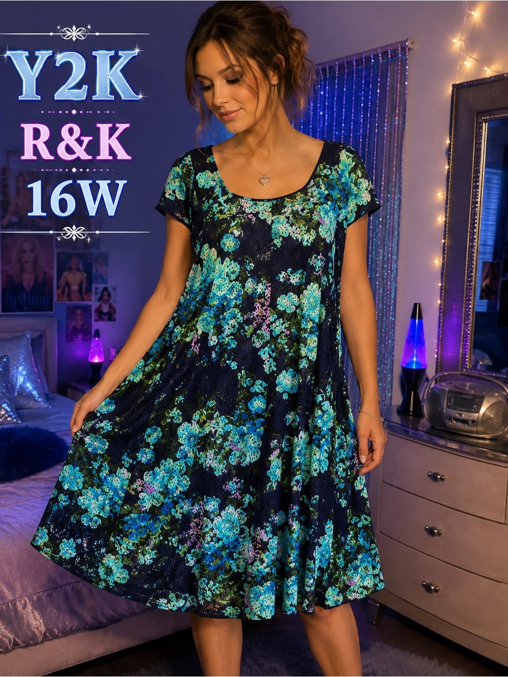 Vintage Y2K R&K 16W Blue Floral Lace Overlay Midi Dress
